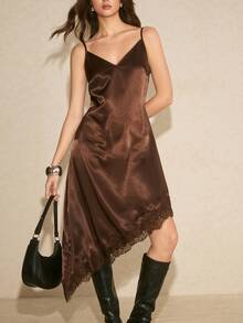 Poéselle Váy yếm ren tương phản viền bất đối xứng dành cho nữ, mùa hè - màu nâu - Xem 2