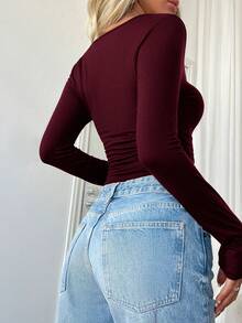 Islaluna Women Casual Round Neck Fitted Long Sleeve T-Shirt, Spring/Autumn For New Year Clothes - Red Violet - View 2
