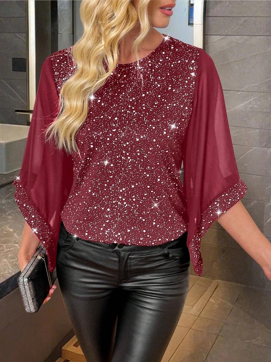 EMERY ROSE Women's Elegant Silver Foil Mesh Patchwork Blouse - Redwood - View 1