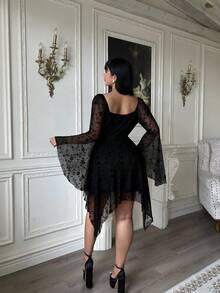 Lyrianda Y2K Textured Jacquard Knit Elastic Drawstring Flare Sleeve Ruffle Hem Plus Size Dress - Black - View 2