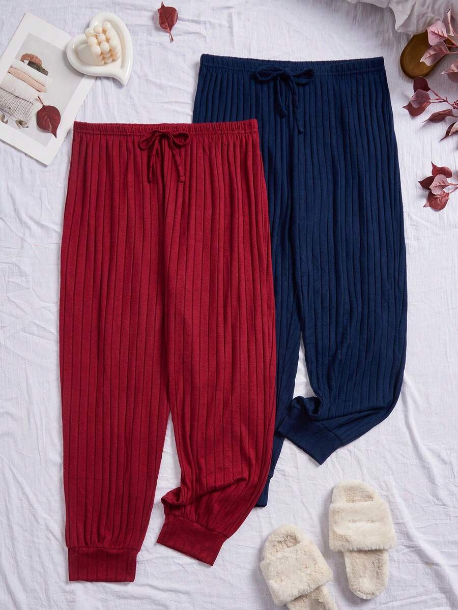 SHEIN 2条装加大码女式舒适罗纹针织保暖休闲家居裤,秋冬季 - 彩色 - 查看 1