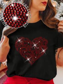 EMERY ROSE Camiseta de manga corta casual con cuello redondo y rhinestones con forma de corazón para el Día de San Valentín, talla grande para mujer - Negro - Ver 3