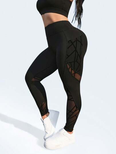 Rhythm Era Women's Flocked Striped Mesh Patchwork Side Pocket Leggings, Tight Fit Sports Casual Daily Running Yoga Pants, Plus Size Mesh Leggings With Phone Pocket Mesh Leggings Women Active Wear Sports Leggings Black Workout Leggings Gymwear Women Curve Activewear Curve Workout Clothes Curvy Gym Clothes Cross Leggings