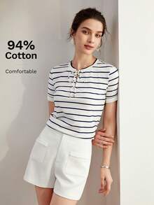 MOTF PREMIUM STRIPED PRINT LACE UP FRONT TEE,GRAPHIC TEE - White - View 1