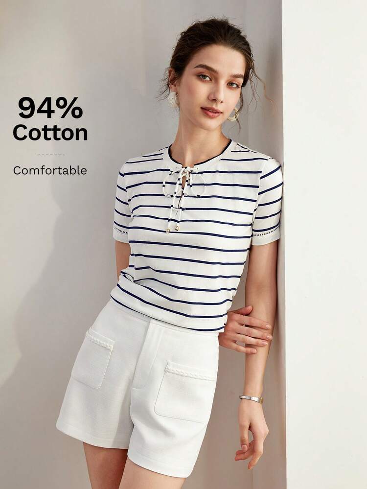 STRIPED PRINT LACE UP FRONT TEE,GRAPHIC TEE