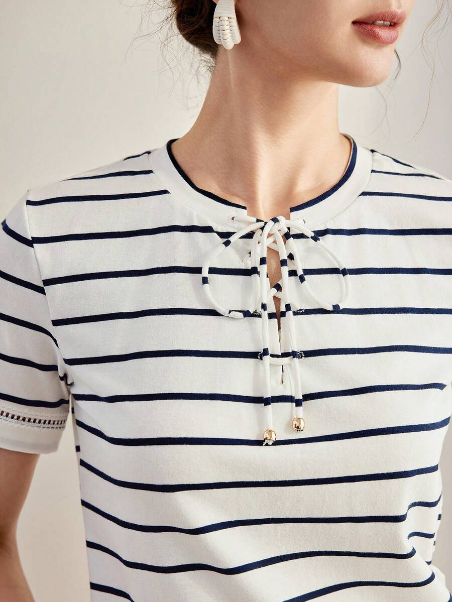 MOTF PREMIUM STRIPED PRINT LACE UP FRONT TEE,GRAPHIC TEE - White - View 2