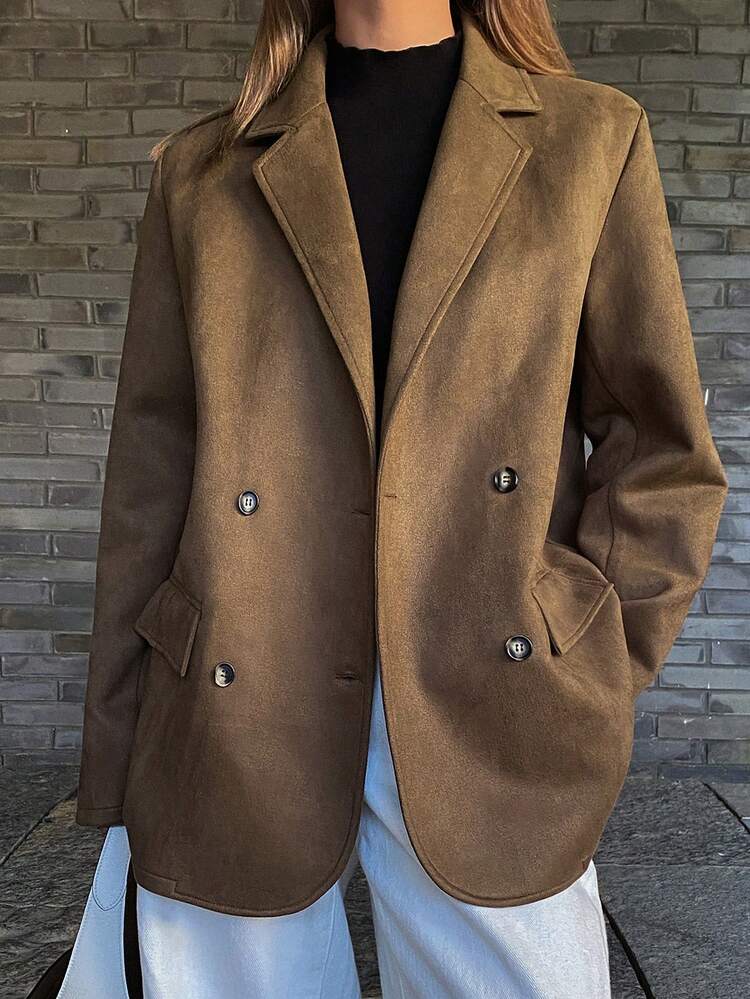 Women's Solid Color Notched Collar Double-Breasted Fashionable Versatile Blazer