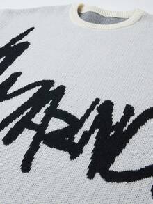 Chillumni Men's Letter Pattern Round Neck Loose Casual Knitted Sweater, Autumn/Winter, For Tennis, Y2k , Long Sleeve Top