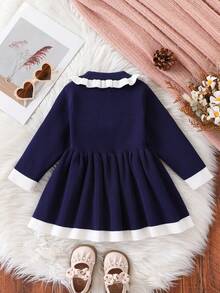 SHEIN Playful Pals 女婴时尚简约针织长袖褶皱连衣裙