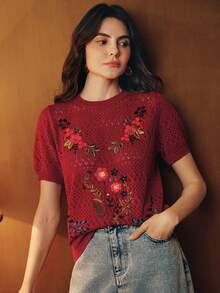 Anewsta 高级复古刺绣圆领短袖T恤 - 紅色 - 查看 5