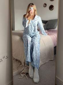 DAZY Contrast Color Letter Embroidery Striped Loose Women Pajama Set, Winter Clothes
