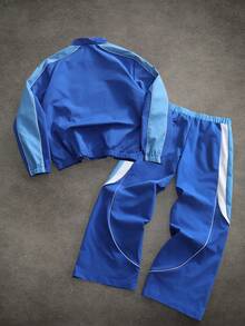 PAVTROS Bộ áo khoác nam phối màu, áo khoác cardigan cổ đứng, dáng rộng, họa tiết chắp vá màu xanh - Màu xanh lam - Xem 2