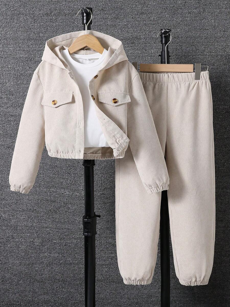 Tween Girl Solid Color Long Sleeve Front Button Hooded Corduroy 2 Pieces Set - Beige - View 1