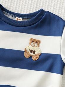 Cozy Pixies مجموعة بلوزة طويلة الأكمام بياقة طاقم وبنطال خصر مطاطي لطفل صبي، لون متباين محبوك ناعم، بطانة حرارية سميكة للشتاء، بلوزة دب، بلوزة مخططة - الأزرق - مشاهدة 9