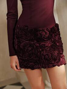 Anewsta Savoree 春季新款优雅花卉拼接长袖修身连衣裙，酒红色，适合派对和鸡尾酒会 - 酒紅色 - 查看 4