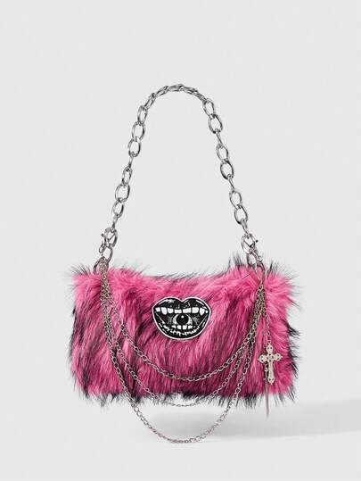 Goth 1 Cute Button Plush Bag Handbag Autumn And Winter Niche Shoulder Armpit Bag Casual Handbag (Need To DIY, Including Material Package)