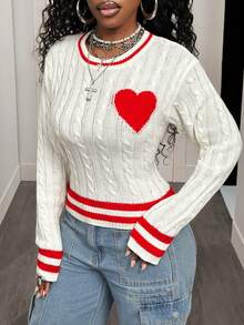 BamGleam Áo len nữ tay dài màu trắng kẻ sọc đỏ cổ tròn in hình trái tim đỏ, thích hợp cho đêm giao thừa, kiểu dáng thường ngày, phù hợp cho các cặp đôi dự tiệc. - trắng - Xem 3