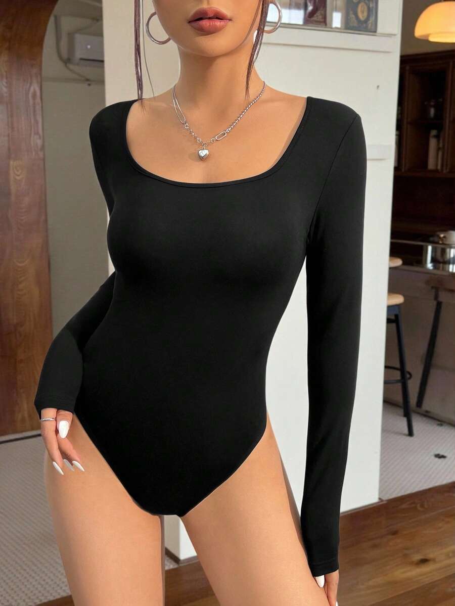 SHEIN EZwear Black Knitted Tight Bodysuit - Black - View 1