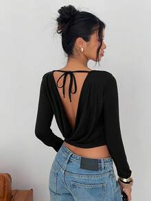 SHEIN EZwear Women's Black Backless Fitted Long Sleeve T-Shirt, New Autumn/Winter Style, Black Backless Top Tie Back Top Backless Shirts Women Sexy Tops - Black - View 5