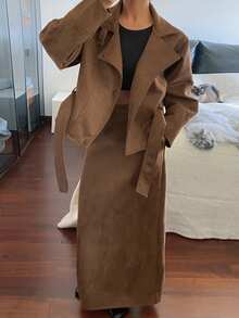 Livesso Women's Wool Blend Stand Collar Jacket, Casual Business Loose Fit Belted Outerwear, Suitable For Office, Street Wear, Autumn/Winter - Brown - View 3