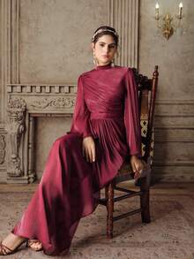Anewsta Women's Long Pleated Bodycon Dress, Round Neck, Flared Long Sleeve, Glossy Wine Red, Elegant & Versatile For Party & Evening Wear - Burgundy - View 1