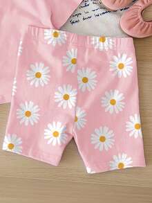 两件套女婴雏菊花卉图案休闲家居服套装，T恤和短裤，适合夏季穿着 - 彩色 - 查看 5