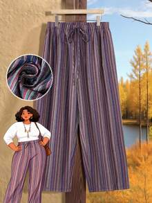 EMERY ROSE Plus Size Women Casual Vacation Style Everyday Commute Contrast Stripe Print Tie Waist Loose Wide Leg Pants Winter For Women Country Style For Women Country Concert - Multicolor - View 4