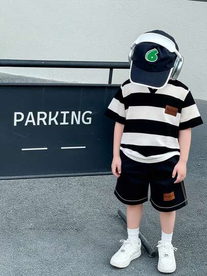 SHEIN 2 Packs Young Boys Boys Casual College Comfortable, Fashionable, Simple, Practical And Versatile Striped Round Neck T-Shirt And White Shorts Set Suitable For Kids Outfits Young Boy Clothes Back To School Boys Set Suitable For Birthday Parties, Evening Parties, Performances, Weddings, Baptisms, Opening Ceremonies, Daily Suitable For Daily Use Suitable For School Suitable For Travel Suitable For Sports Suitable For Spring And Summer Seasons