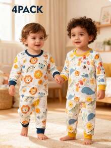 SHEIN 4pcs/Set Baby Boy Cute Casual Cartoon Pattern Colorblock Knit Long Sleeve Pajama Set, Basic Multi-Pack - Multicolor - View 4