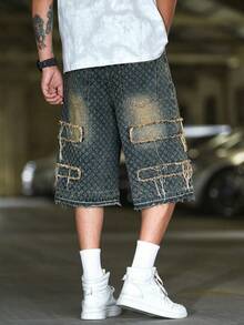 Manfinity Roughcore Pantalones cortos vaqueros casuales y sueltos para hombre - Azul lavado medio - Ver 2