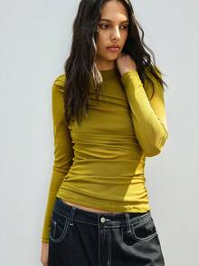 Maija Women's Solid Color Asymmetric Design Versatile Modern Urban Crew Neck Long Sleeve Top, Suitable For Commuting, Office, Business Casual, Party, Dating, Elegant