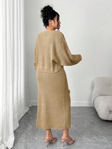 Elenzga Plus Size Solid Color Elegant Knitted Floral Dress With Batwing Cardigan Sweater Set - Khaki - View 2