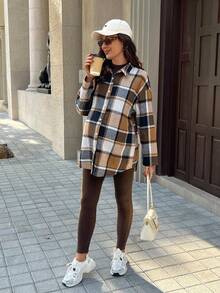 SHEIN Maternity Solid Ribbed Tank Jumpsuit + Plaid Shirt Jacket Two Pieces Set, Spring/Autumn - Brown - View 4