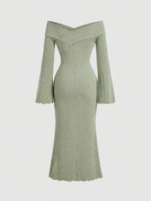 SHEIN MOD 复古绿色女士3D立体花卉露肩针织长裙 鼠尾草绿连衣裙 优雅鼠尾草绿婚纱 - 橄欖綠 - 查看 2