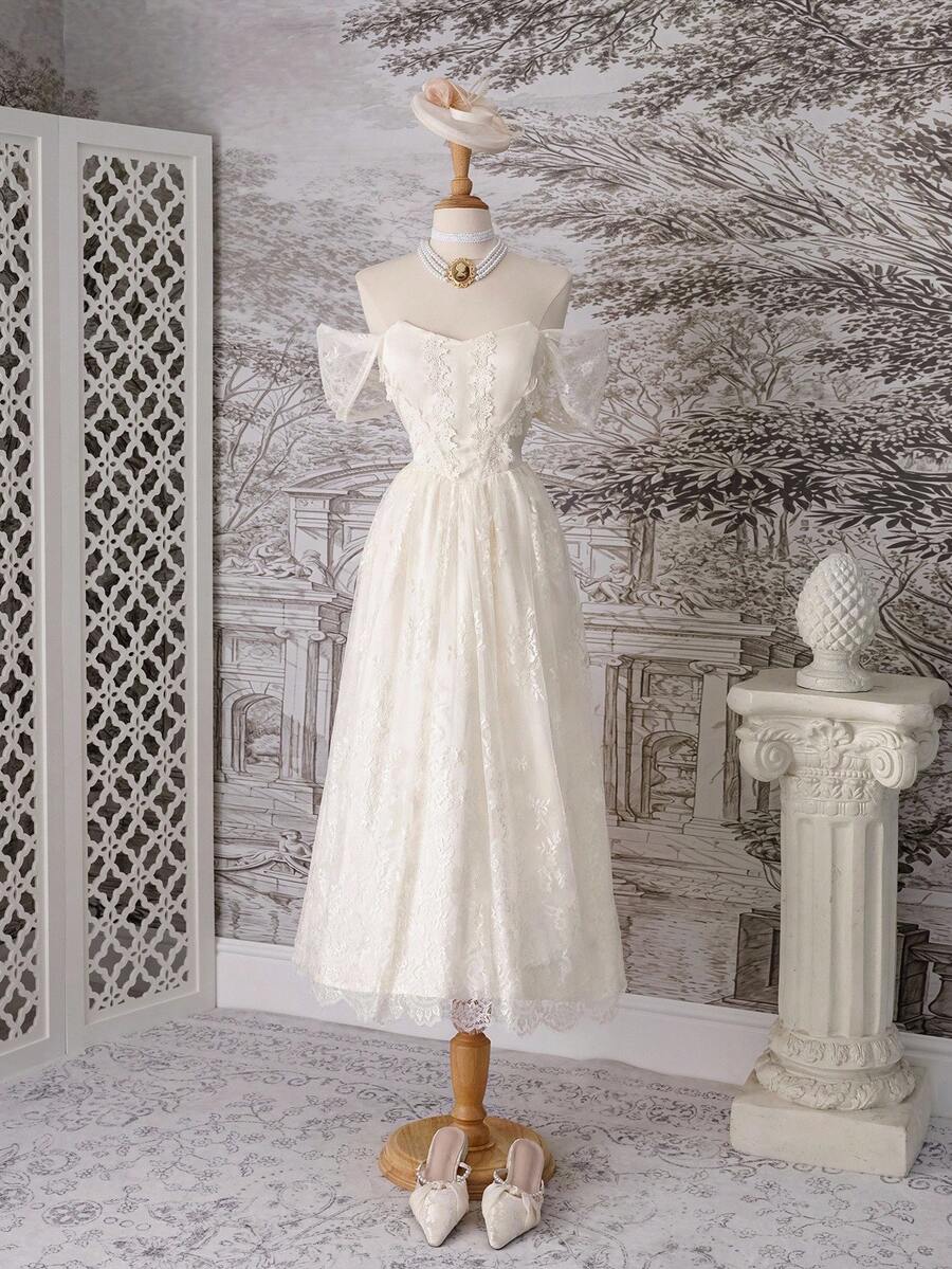 SHEIN MOD 杏色梦幻浪漫华丽蕾丝拼接缎面露肩连衣裙，带有层叠荷叶边和蝴蝶结 - 非常适合约会、派对、节日、茶会和生日装扮