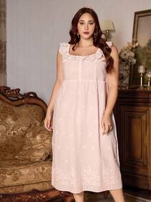 PalaceNights 复古宫廷刺绣花卉饰边彼得潘领重磅3D立体花卉加大码睡袍+睡袍套装 - 粉色 - 查看 5