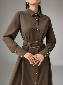 Heiryn Women's Casual & Formal Solid Color Belted Shirt Dress, Versatile For Work And Daily Wear, Spring/Autumn - Coffee Brown - View 1