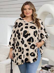 SHEIN CURVE+ 大码休闲豹纹印花宽松圆领长袖T恤，适合春/夏/秋/冬穿着 - 彩色 - 查看 8