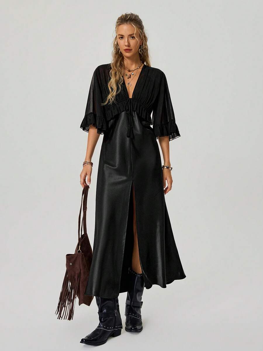 Freevana Đầm dài tay nhún bèo màu đen, phong cách Bohemian lãng mạn, thanh lịch cho tiệc tùng ngày lễ, đầm dài cho nữ - màu đen - Xem 1