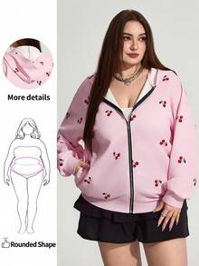 Enliva Moletom feminino plus size folgado, estampa de flor de cerejeira, volta às aulas, moletons, com capuz, blocos de cores, frutas e vegetais, poá, roupas de outono para mulheres, inverno, CURVE PLUS - Rosa - Ver 1