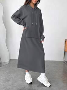 SHEIN EZwear 灰色休闲连帽长款卫衣，适合秋冬季节穿着，可搭配灰色连衣裙、女士连帽连衣裙、宽松连衣裙、卫衣连衣裙等。 - 深灰色 - 查看 4