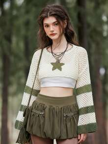 ROMWE Fairycore Star Pattern Hollow Out Crop Jumper - Multicolor - View 2