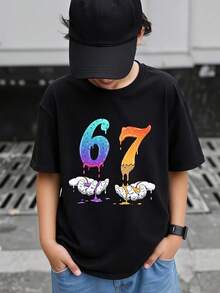 SHEIN Tween Boy Casual Creative Numeric 67 Graphic Print Short Sleeve T-Shirt, Comfortable Cozy Summer & Fall Styles, Suitable For Boys' Daily Wear