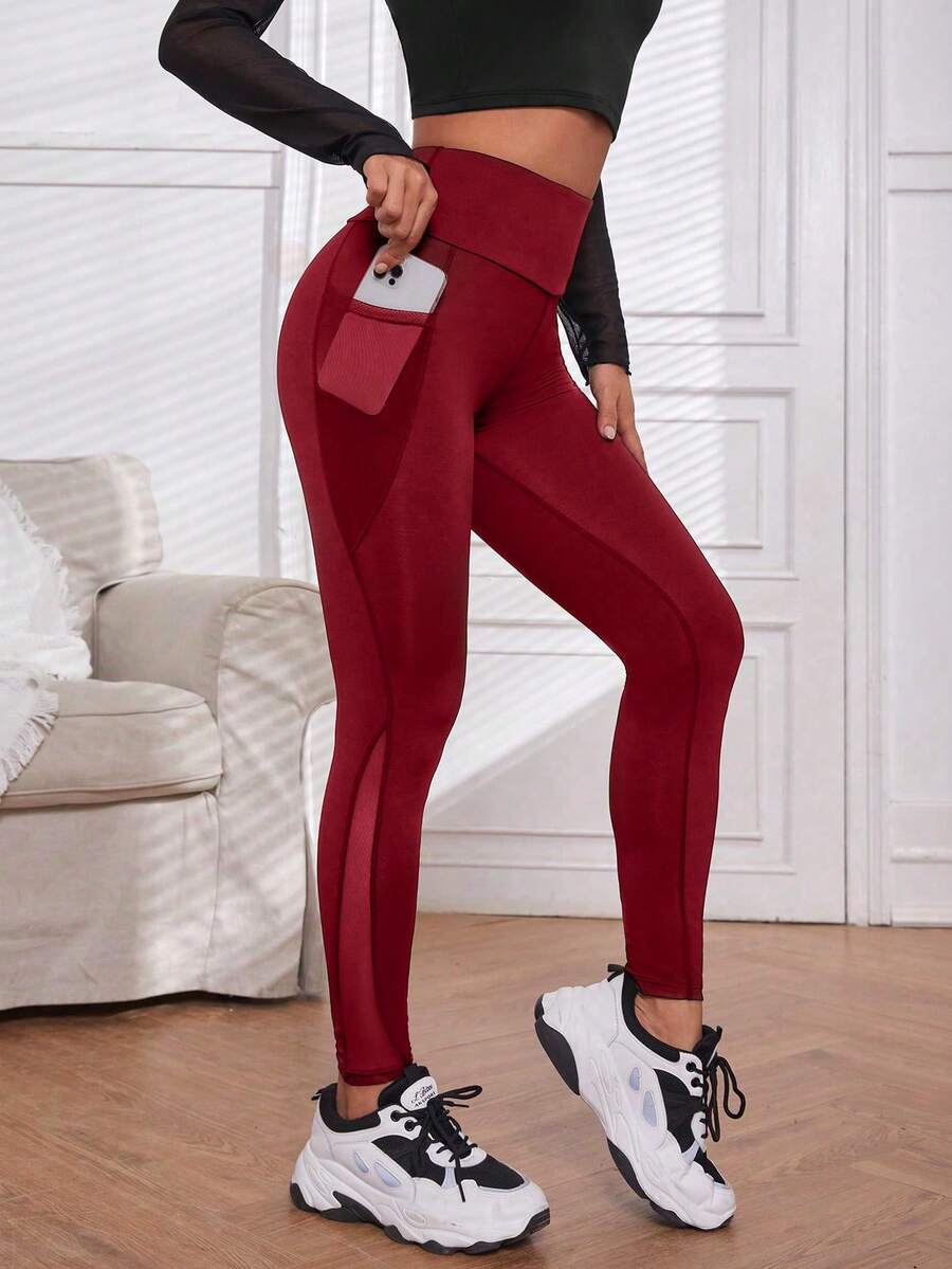 Easithlete Leggings de sport à taille haute, poches et empiècements en maille pour femmes, couleur unie - Rouge - Voir 1