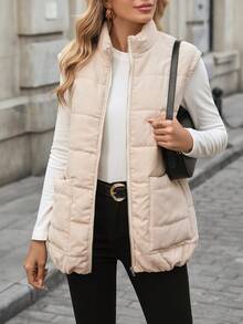 SHEIN LUNE Sleeveless Zip-Up Pocket Loose Casual Padded Coat For Women - Apricot - View 4