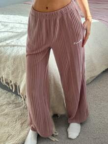 DAZY Women's Letter Embroidered Fleece Knit Pajama Bottoms, Autumn/Winter - Dusty Pink - View 8