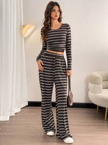 SHEIN Tall 女士休闲条纹圆领长袖上衣和裤子两件套 - 彩色 - 查看 5