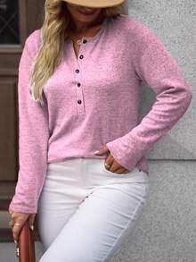 EMERY ROSE 新款时尚休闲粉色长袖圆领纽扣宽松大码上衣T恤 - 粉色 - 查看 3