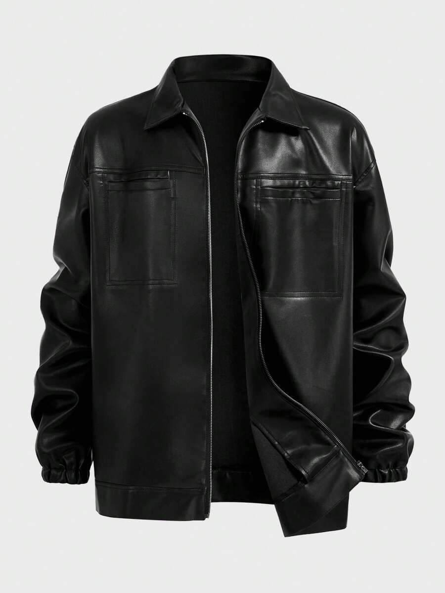 EASEVO 加大码男士休闲时尚街头风PU皮革拼接口袋拉链夹克，秋季款 - 黑色 - 查看 1