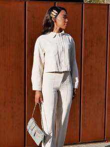 Yess Loren 女式休闲短款领上衣和宽松牛仔裤套装 - 卡其色 - 查看 3